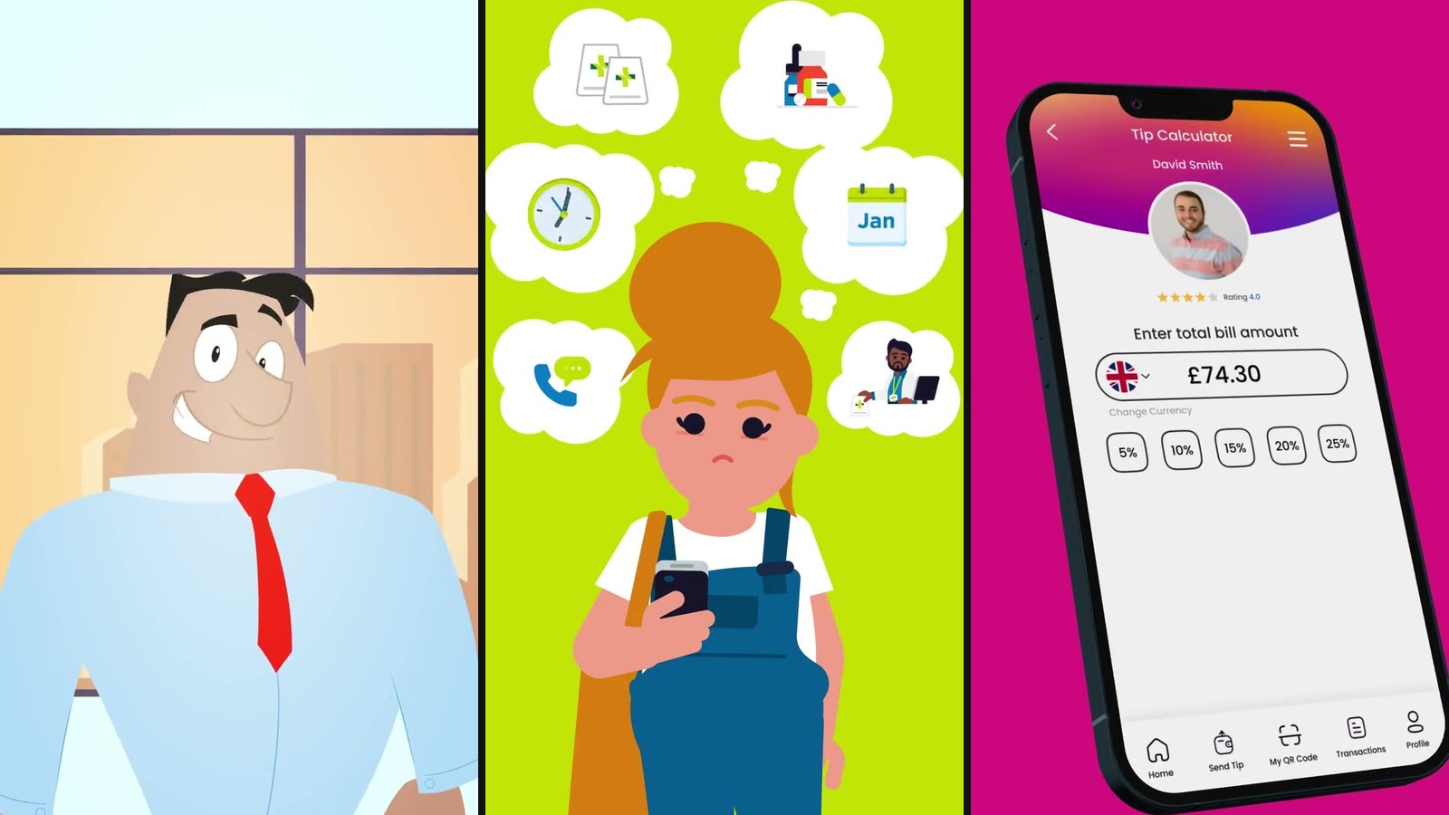 Frames from 3 of our animations: a character, an illustrated scene and an app