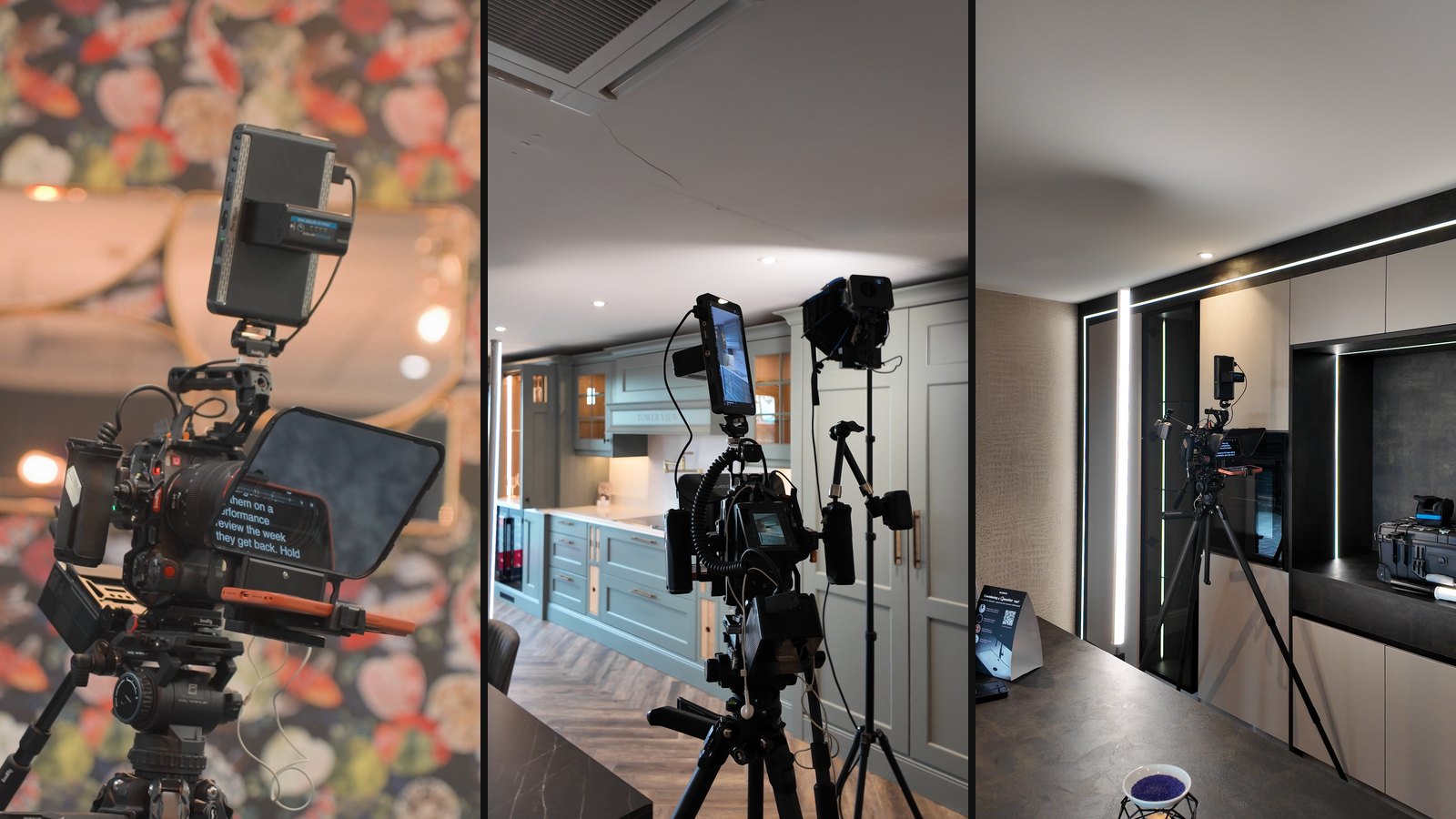 Camera, teleprompter and lighting set up on 3 client shoots